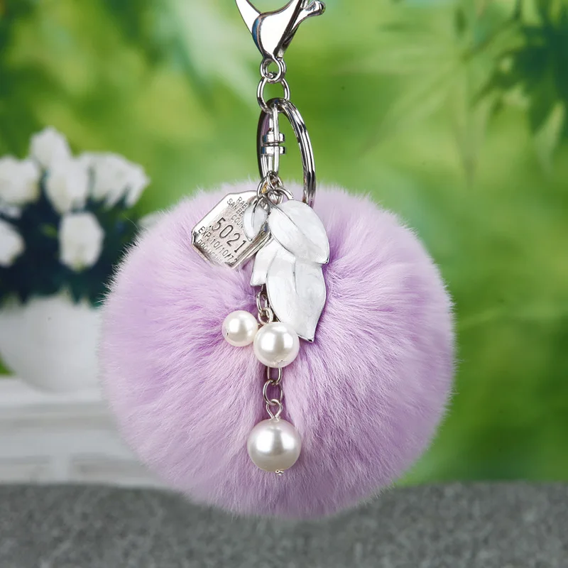 8 cm Fluffy conejo piel Llavero perla hojas Llavero piel Pom Llavero Pompon Porte Clef Pompom De fourrure colgante