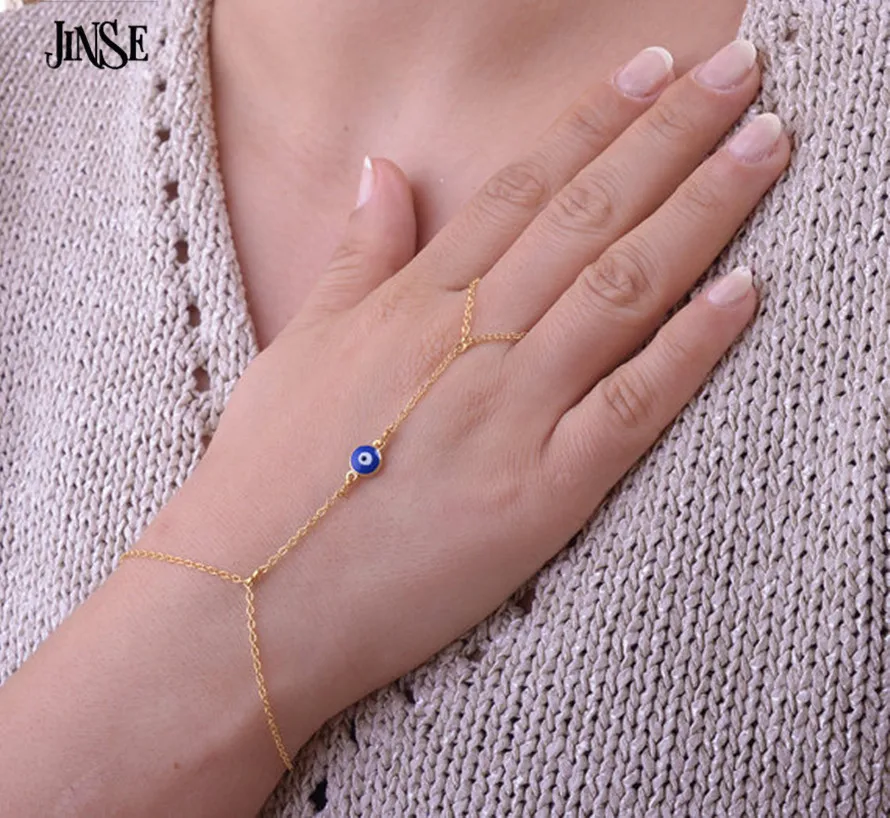 JINSE HC018 Мода Счастливый глаз палец наручная цепочка с подвеской рабский браслет женские новые браслеты на руку и палец для женщин