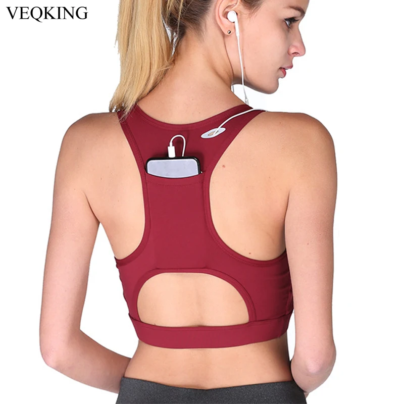 

VEQKING New 2018 Women Yoga Bra Top, Back Phone Pocket Padded Hollow Out Women Sports Bra Fitness Running Workout Tank Top