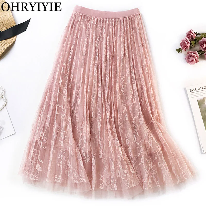 

OHRYIYIE Pink Lace Tulle Skirt Womens 2019 New Spring Summer Korean Sweet A-line Lace Skirts For Girls Midi Tutu Skirt Female