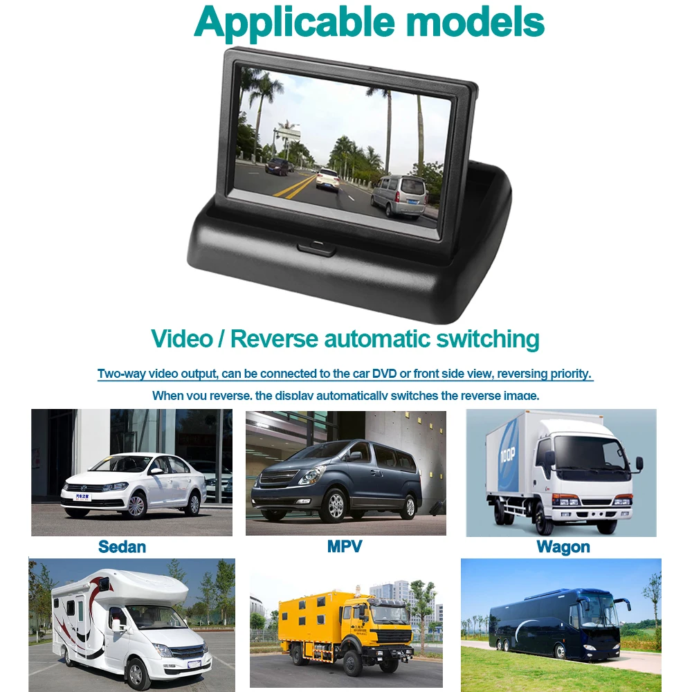 4.3 Inch Car Monitor Foldable TFT LCD Car Rear View monitor Display Parking Rearview System with 2-channel Video Input