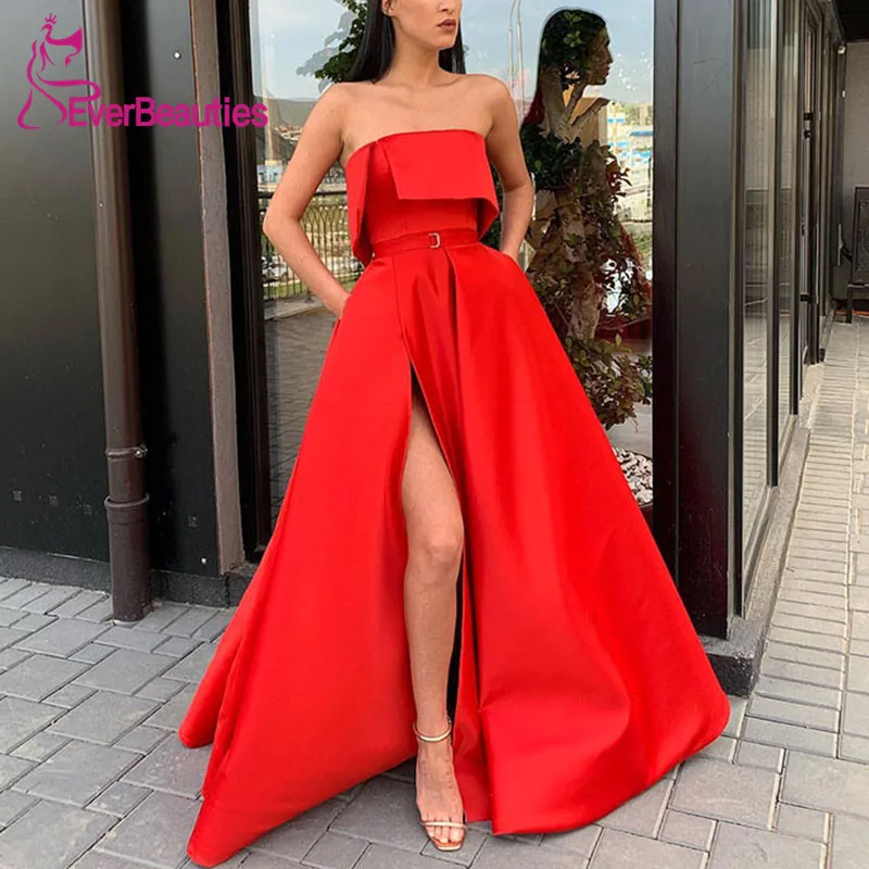 Robe De Soiree Red Evening Dress Long 2020 Satin Side Slit Formal Party Gowns Sleeveless Abiye Gece Elbisesi | Свадьбы и торжества