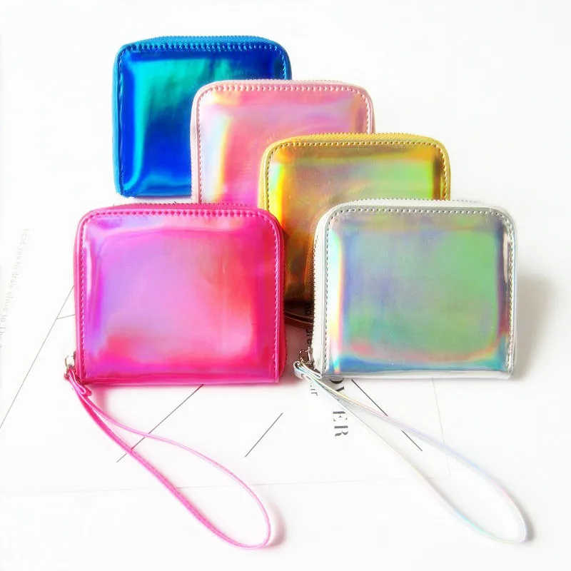 

Laser Short Lady Wallet Personal Zip pu solid color Card Holder girls leather ID credit name card purse fold bag card cover