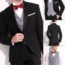 Формальные Высокое качество заказ из 3 предметов(куртка+ брюки+ жилет+ галстук) стиль Для мужчин костюмы максимумом нагрудные одна кнопка черный костюм светло-серый жилет