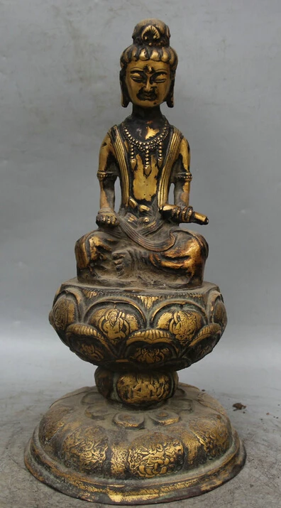 

p6590 14" Chinese Bronze 24K Gold Gilt Seat lotus Kwan-yin Guan Yin Goddess Statue