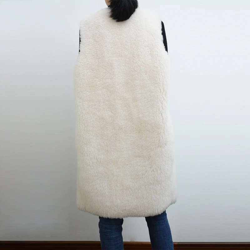 100Laine En Rf0144 Veste Automne Fourrure Style Long Gilet Femmes Blanc Hiver 0wZNPnkX8O