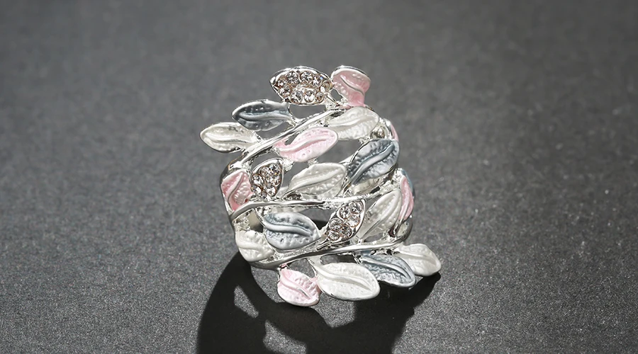 Kinel роскошный кристалл цветок эмаль кольца для женщин многослойные листья серебряный цвет винтажное свадебное кольцо ювелирные изделия подарок