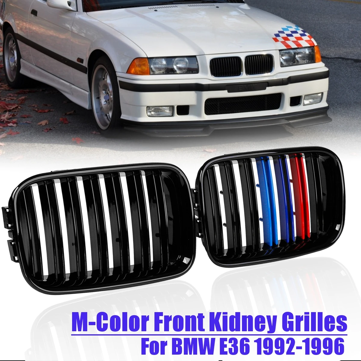 

Pair left & right M-Color&Glossy Black ABS Plastic Front Kidney Grilles For BMW E36 1992-1996 51138122237 Racing Grills