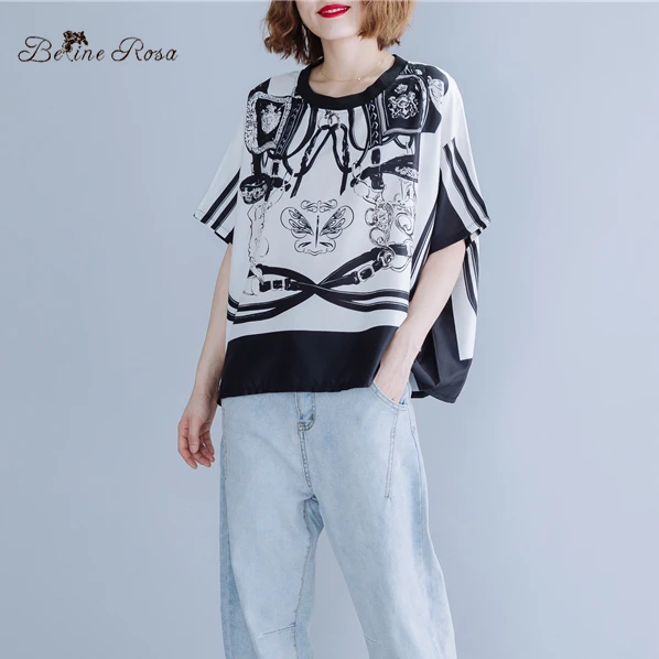 

BelineRosa 2019 European Fashion Chiffon Women Tops Retro Pattern Print Loose Style Plus Size Women Clothes SGBZ0004