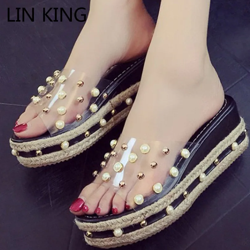 

LIN KING Fashion Pearl Thick Sole Women Slippers Wedges Height Increase Platform Shoes Sexy Outdoor High Heel Lady Summer Slides