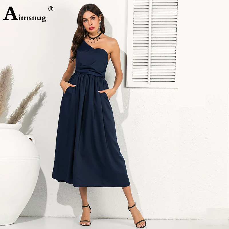 

Sexy Evening Party Dark Blue Irregular Women Dresses Elegant One-shoulder Backless Folds Zipper Splice Fashion Female The Dress