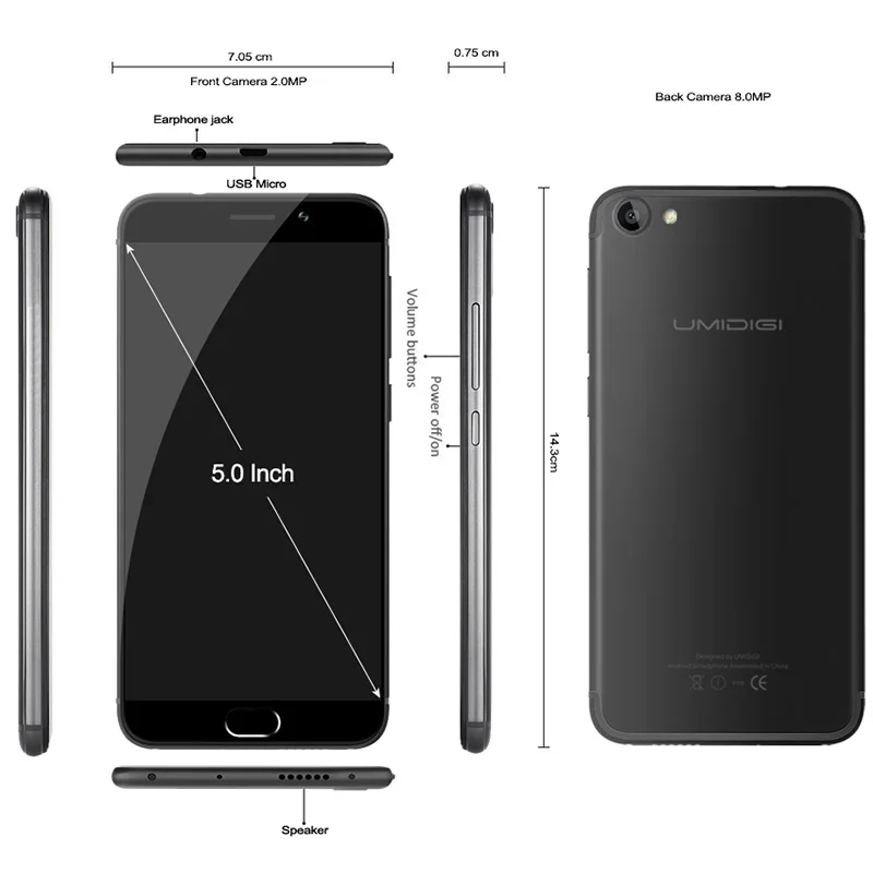 Оригинальный UMIDIGI G мобильный телефон 5 ''HD 2G ram 16G rom Android 7 0 смартфон 4G Lte Touch ID Dual
