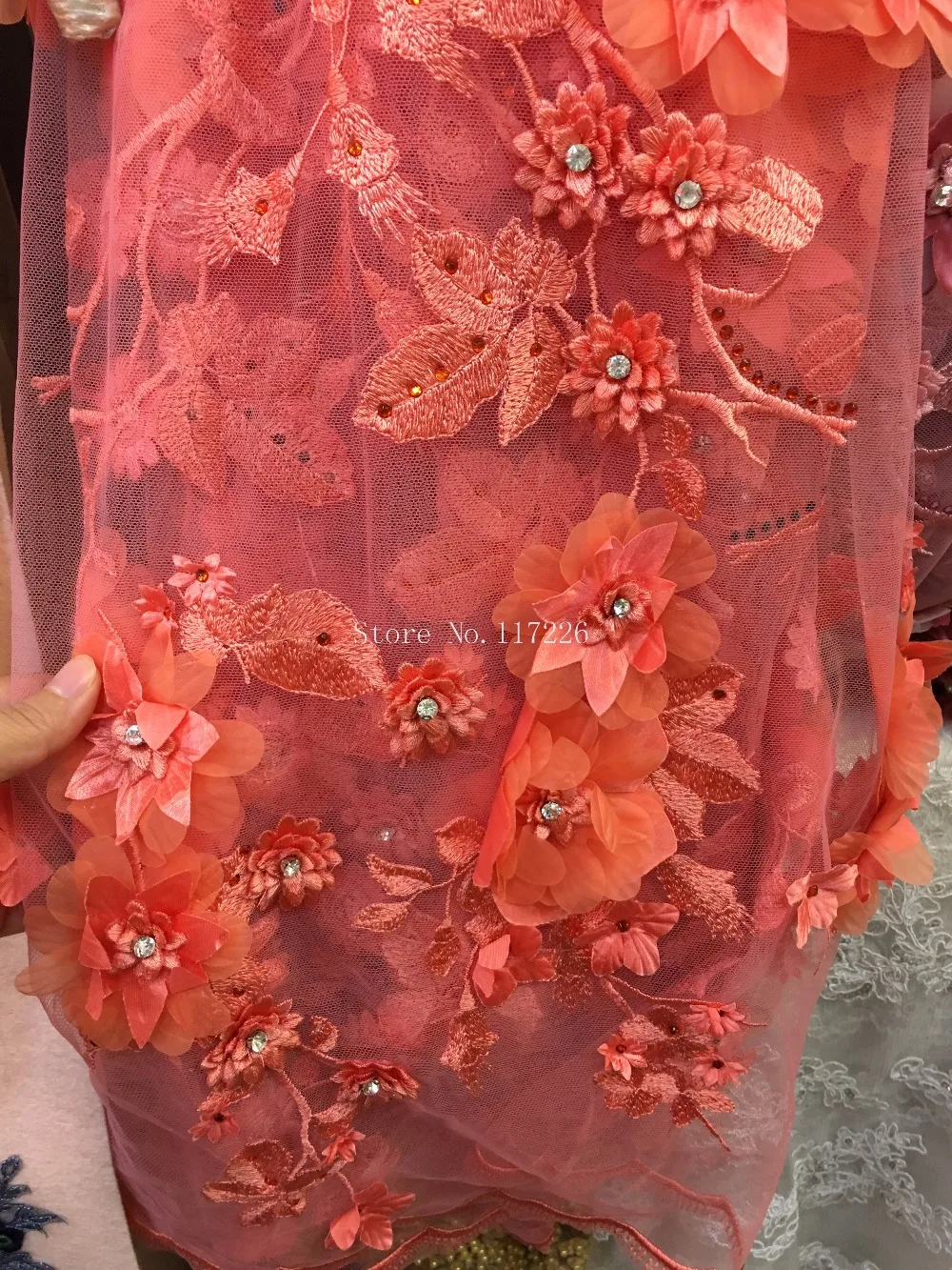 

3D flower embroidered lace fabric with beads JRB-101662 french net lace fabric for wedding dress