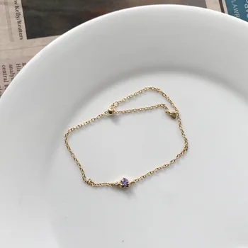 

Authentic 925 Sterling silver Amethyst Purple zirconia heart love Chain Bracelet Gold adjust Jewelry S73