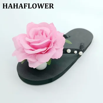 

HAHAFLOWER Sweet pink Rose Flower flat Slipper Women Casual Shoes Beach Slippers big size free shipping