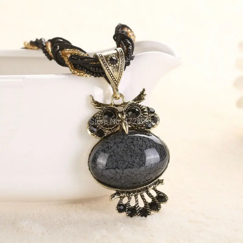 

Traditional Antique Bronze Plated Night Owl Pendant Necklaces With Shiny Rhinestone Turqu Stone Necklace For Women Gift