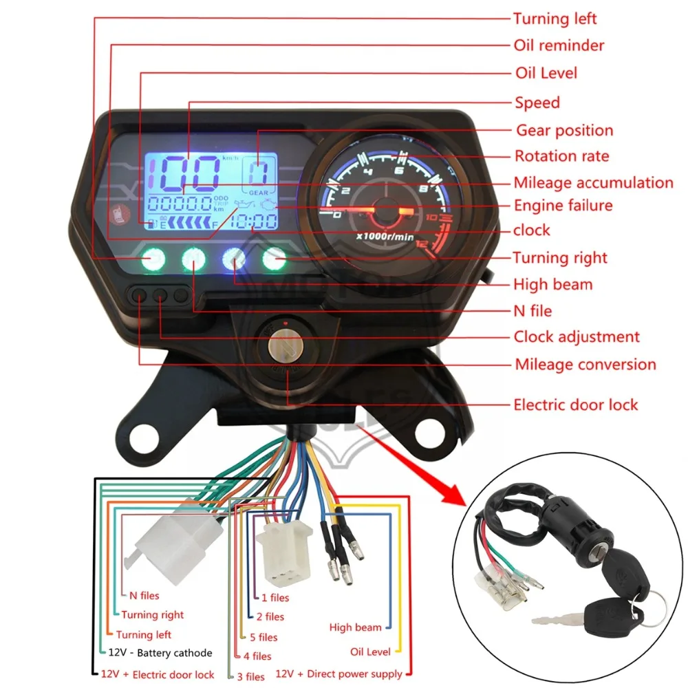 Определено мотоцикл для Honda CG125 Скорость ometer Инструменты Черный 12 В одометром Скорость метр Индикатор светодио дный Подсветка ночь DDD48