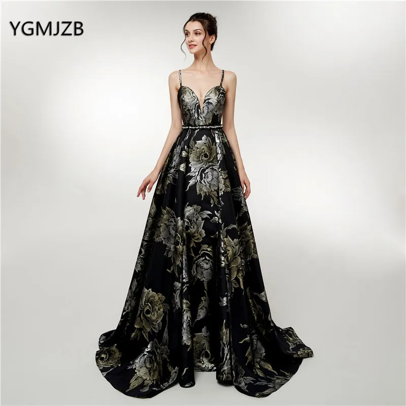 Black Long Prom Dress 2020 Spaghetti Straps 3d Print Flowers Elegant