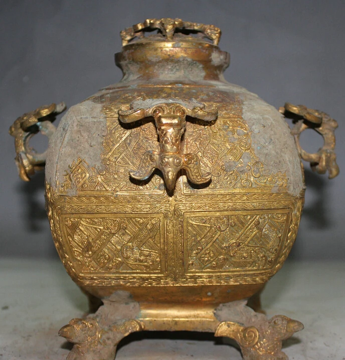 

Collectible bronze S1561 9" Old Chinese Bronze 24K Gold Bird Beast Vessel Ware Food Wine Pot Jar Crock