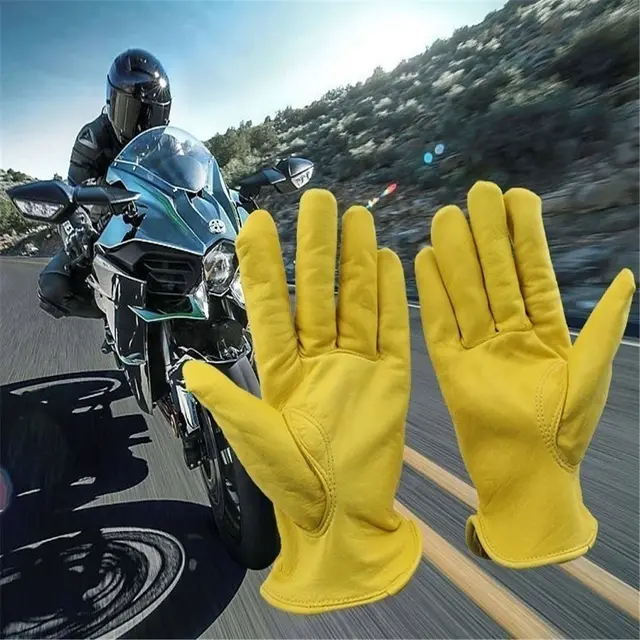 US $5.75 1 Pair Vintage Goat Leather Motorcycle Bicycle Gloves Yellow Universal Antislip Scooter Work Hunti