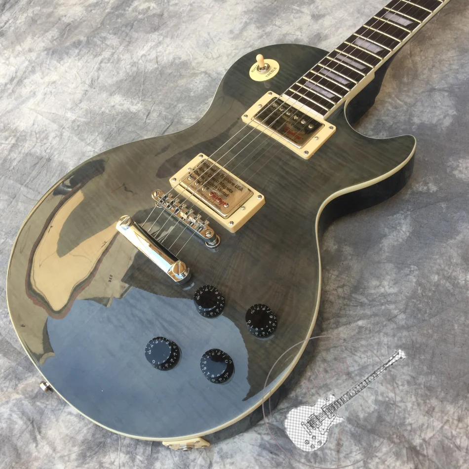 Free delivery, hot sale electric guitar, black transparent flame top, white hardware, color and logo can be customized! Free delivery, hot sale electric guitar, black transparent flame top, white hardware, color and logo can be customized!