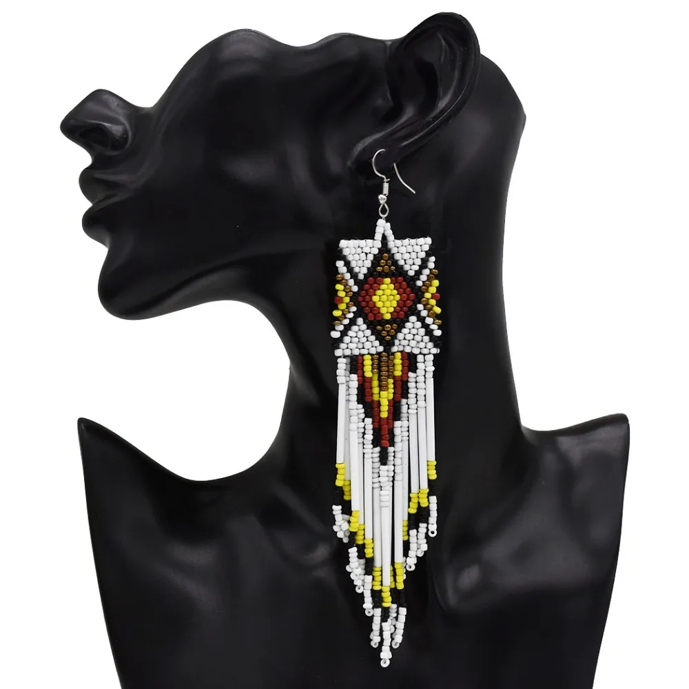 Big Long Dangle Ethnic Tribal Acrylic Beaded Tassel Earrings Fringe