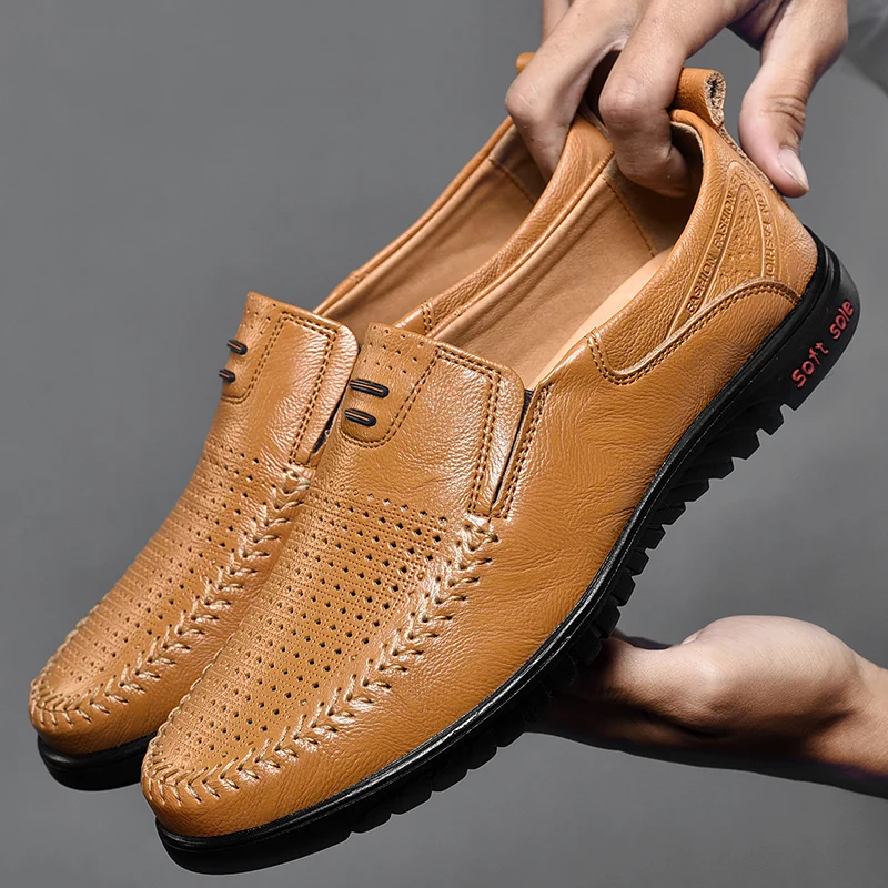 Genuine Leather Men Moccasin Shoes Black Men Flats Breathable Casual ...