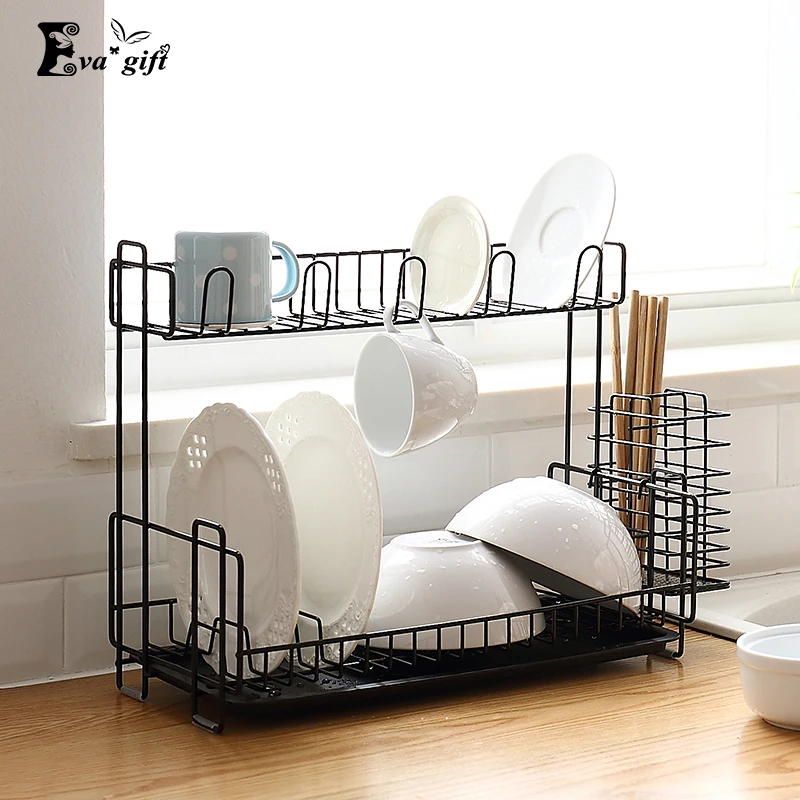 Iron art kitchen organizer storage rack double layer have drain plate can storage tableware holder bottle save space tidy
