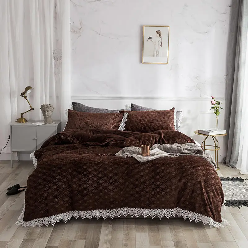 

Lace edge Fleece Warm Coffee Pink Bedding Set Queen King size Bed sheet/Fitted sheet duvet cover linge de lit ropa de cama