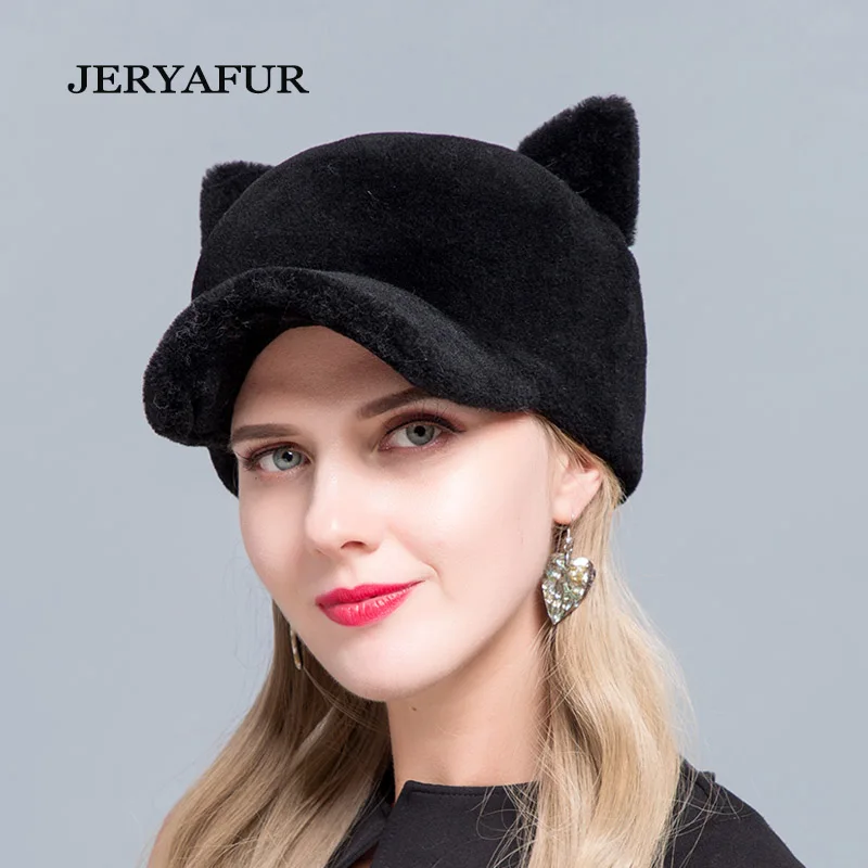 JERYAFUR/ горячая Распродажа, Новая меховая бейсболка с кошачьими ушками, Овечья меховая шапка, шерстяная женская шапка, милая Лыжная шапка из натурального меха, зимняя женская шапка