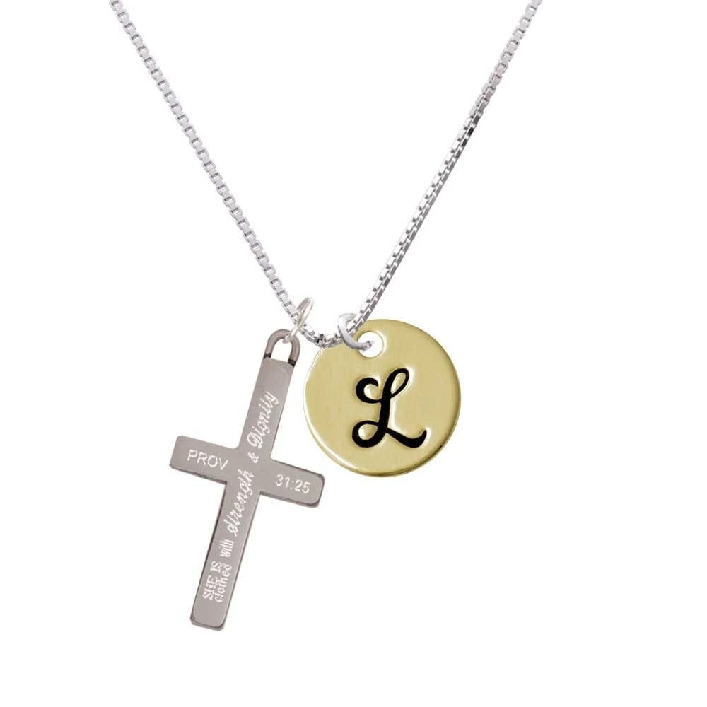 Large Gold Tone Disc Letter - L - 3/4'' - Strength and Dignity - Cross Necklace