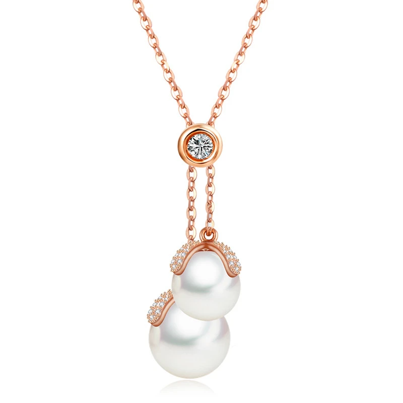 Simulated Round Pearl Pendant with Cubic Zircon Stone Rose Gold Color Plated Chain Necklace for Women Fashion CZ Wedding Jewelry | Украшения