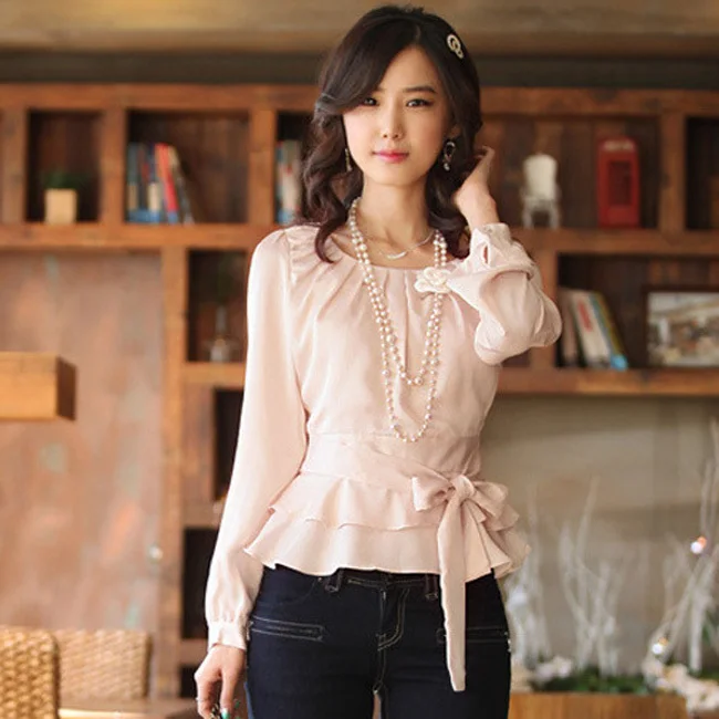 Красивые Деловые женские модные шифоновые блузки, размер S-2XL, корейские Белые и розовые элегантные женские повседневные рубашки из вискозы с завышенной талией