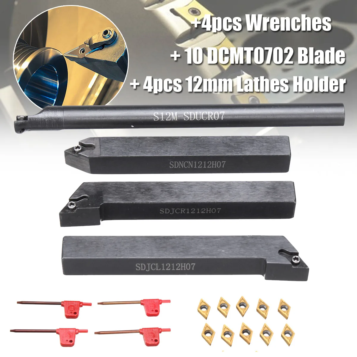 

4pcs Lathes Holder S12M-SDUCR07 SDJCL1212H07 SDJCR1212H07 SDNCN1212H07 +4pcs Wrenches + 10pcs DCMT0702 Blades Turning Tools