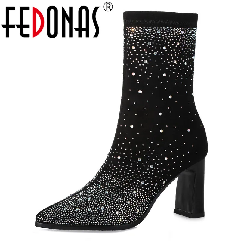 

FEDONAS Sexy Women Mid-calf Boots Rhinestone Night Club Party Shoes Woman High Heels Prom Pumps Ladies High Strectch Boots