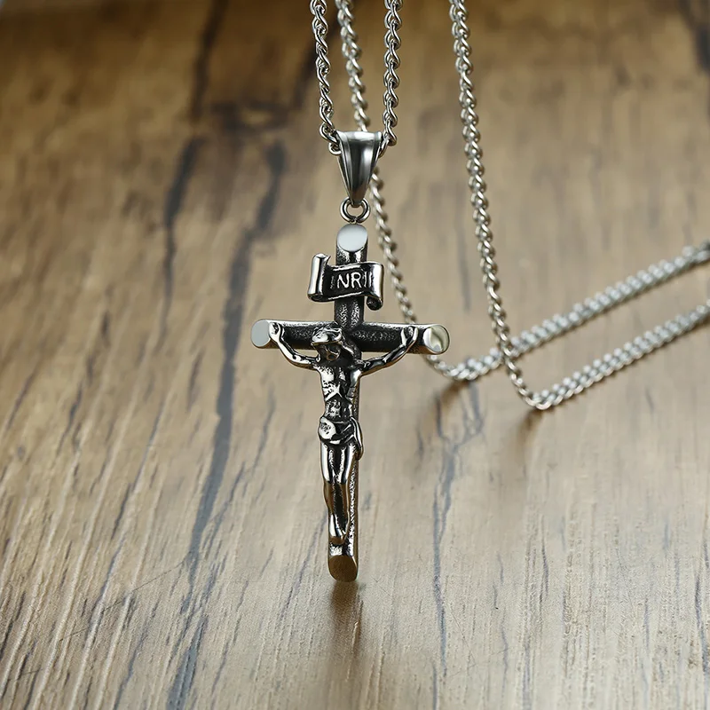 Винтажная подвеска в виде креста с Иисусом ожерелье для женщин и мужчин INRI христианская религия из нержавеющей стали