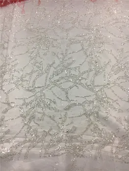 

Clear white 5yards glued glitter tulle mesh hand print lace fabric for sawing wedding bridal /evening dress BZL-102443
