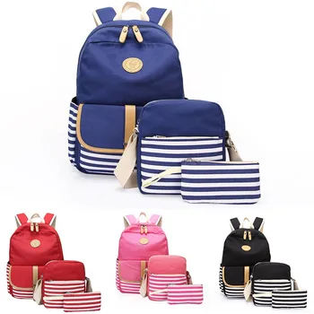 

3pcs/set Canvas Stripe Women Backpack Student Book Bag with Purse Canvas Bag Handbag Shoulder Backpack Purse Bags for Teenager