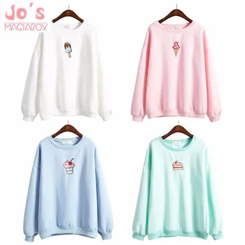 

Kawaii Hoodies Korean Uzlang Cute Ice Cream Hoodies Harajuku Cute Candy Color Ice Cream Cake Food Embroidery Hoodies