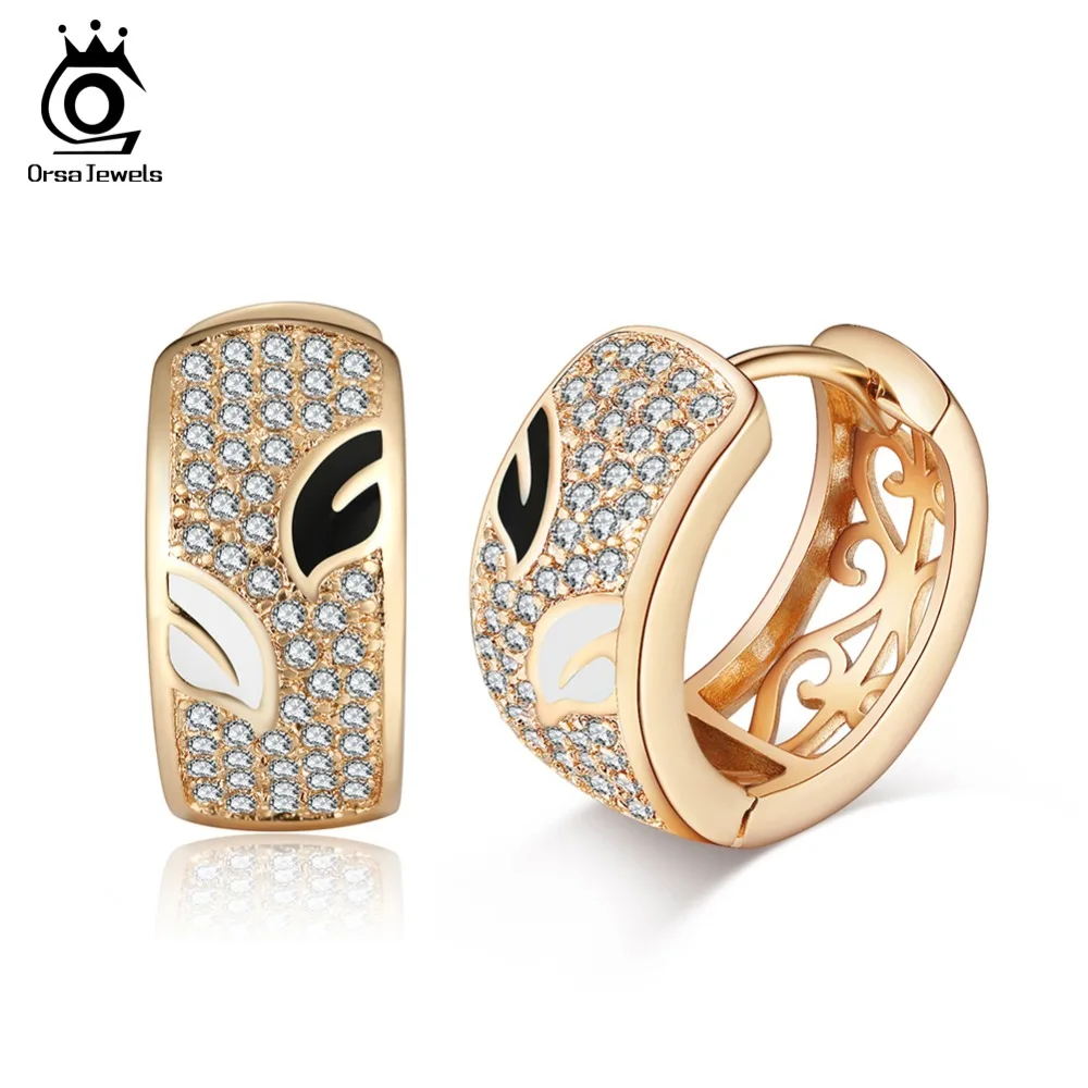 

ORSA JEWELS Women Gold-color Hoop Earrings Hollow Design Paved AAA Cubic Zircon Female Enamel Earring Fashion Jewelry OME68-B