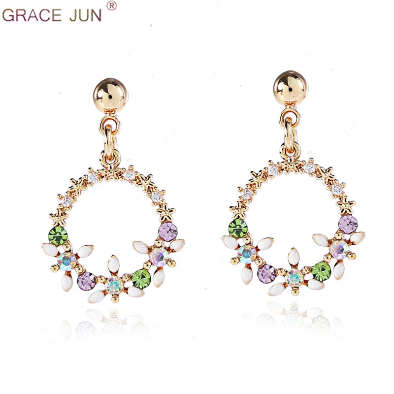 

GRACE JUN Elegant Korean cubic zircon Flower small Round Circle Clip Earrings Charm Wedding Party Jewelry Pendientes For Women