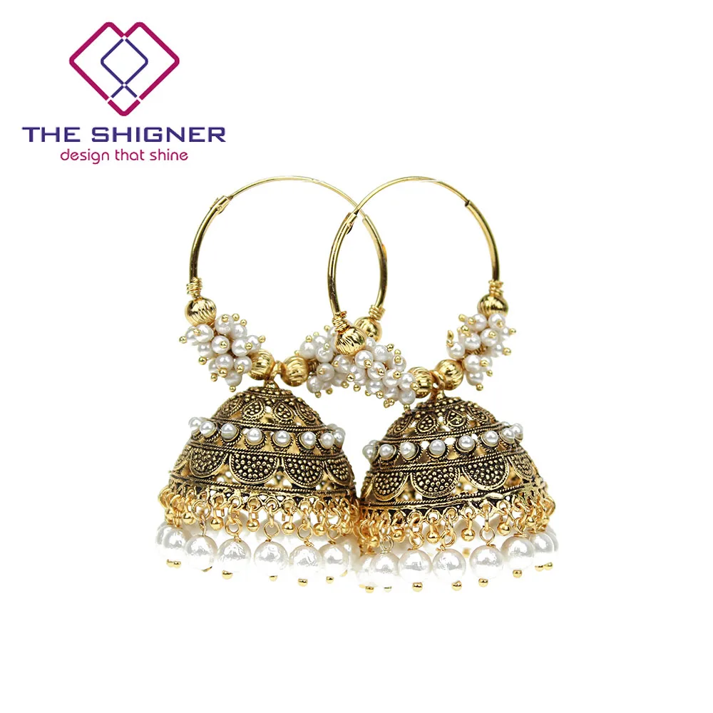 Ethnic Indian Bollywood Fashion Bali Ton Or Perle Bijoux Hoop jhumka earring 