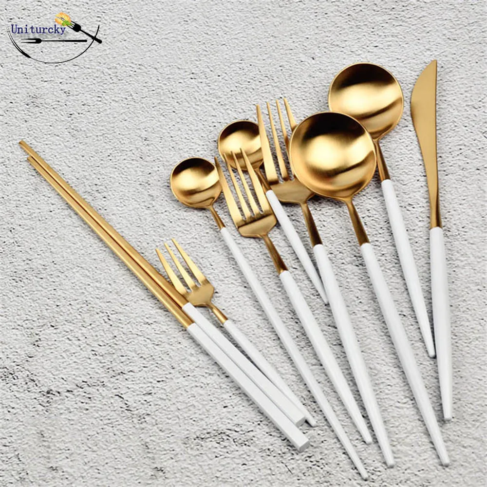 Korean Royal 1 Piece Kitchen Accessories Stainless Steel Dinnerware Set White Gold Knife Fork