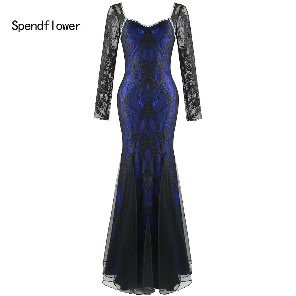 Spendflower Malla Mujer Manga Larga Azul Sirena Larga Noche Transparente G-163BE