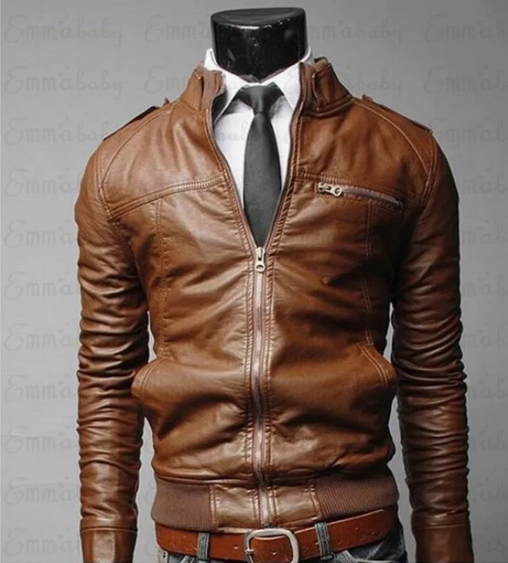 Новое поступление Осенняя мужская кожаная куртка размера плюс 3XL Черная коричневая мужская куртка со стоячим воротником кожаная байкерская куртка Пальто Верхняя одежда