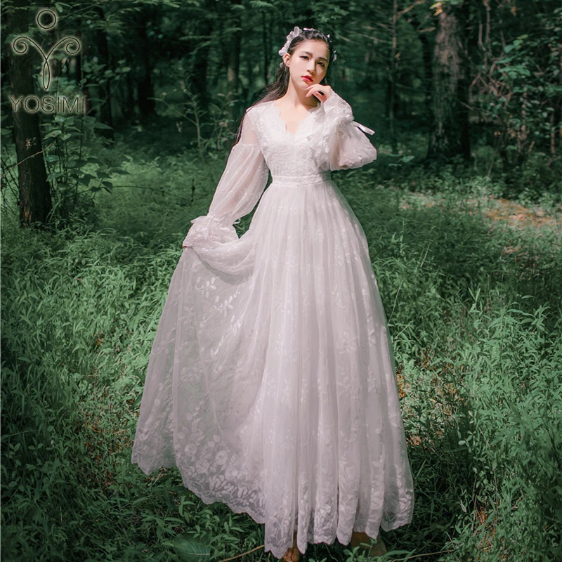 YOSIMI 2017 Summer High Quality Maxi Elegant Lady Lace White Long Dress Bohemian Beach Tunic Dress Fairy Dress Evening Party long-white-lace-dress