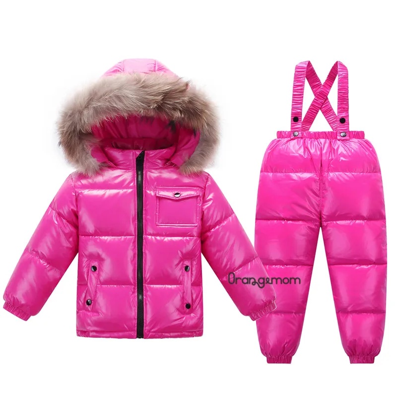 Russian winter children's clothing fashion shiny jackets for girls child coat boys winter jacket+ pant waterproof snow wear - Цвет: rose