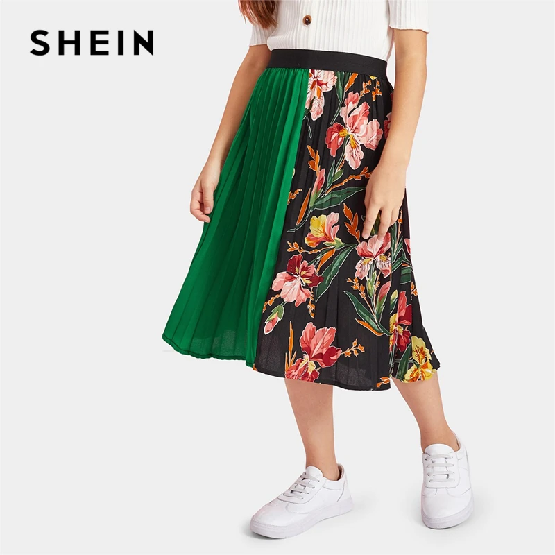 SHEIN/Повседневная плиссированная юбка с вырезами и вышитым растительным принтом для девочек детская одежда г. Весенняя элегантная длинная юбка с цветочным рисунком в Корейском стиле