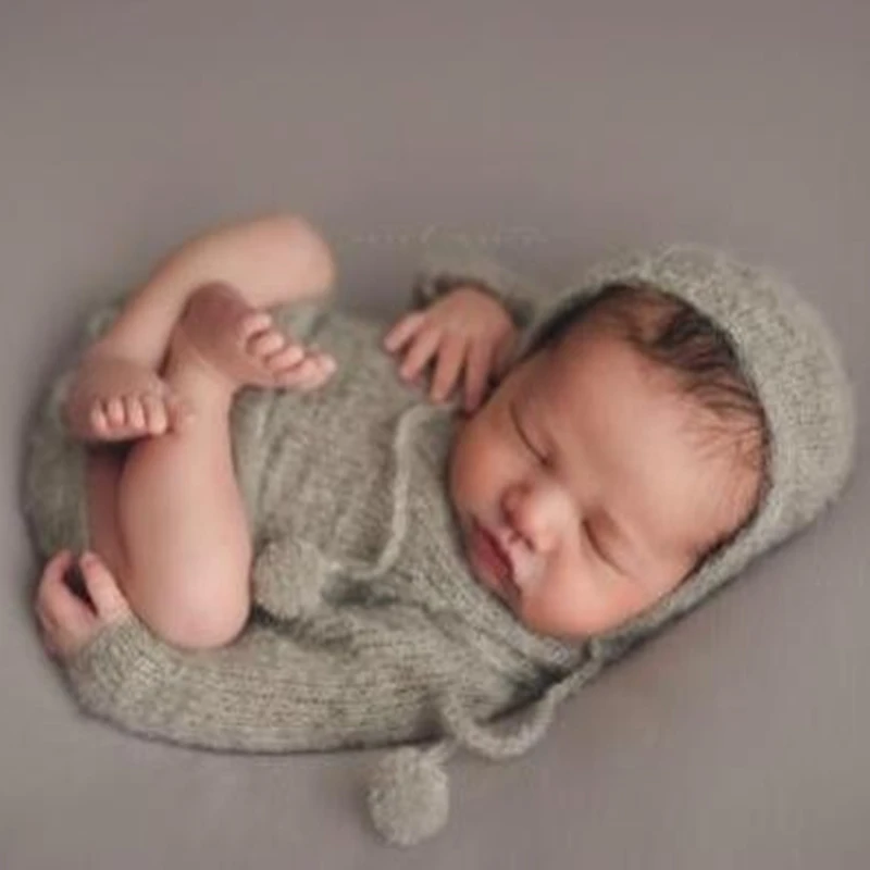 

Newborn Mohair Outfit Knit Baby Hooded Romper Set Photography Props Crochet Baby Soft Hat and Rimoer Overall Photo props