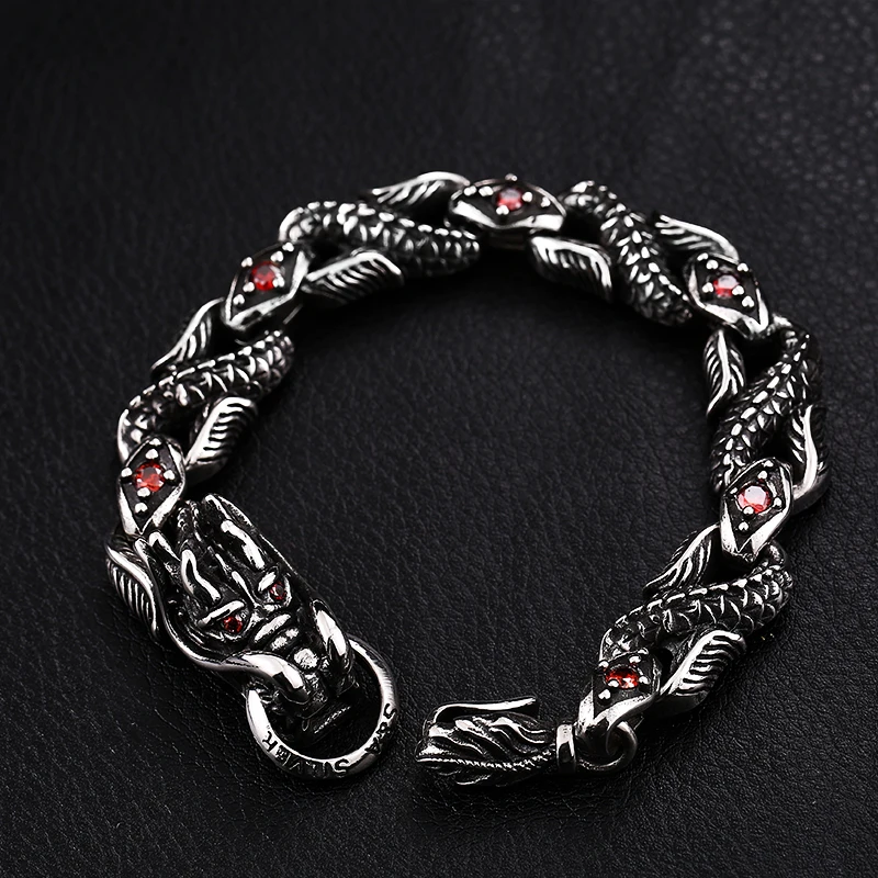 

SKA Bracelet Punk Pulseras Titanium Steel Bracelets For Men Dragon Setting Red Stone Personality Men Fine Jewelry BC8-017